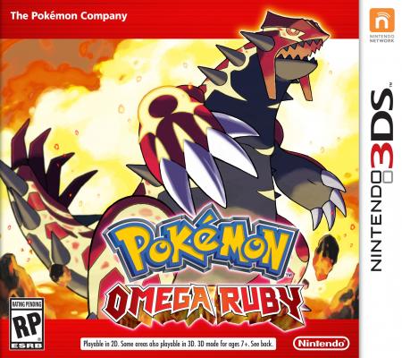 the box art for pokemon omega ruby. it features primal groudon on a bright red background with a yellow explosion